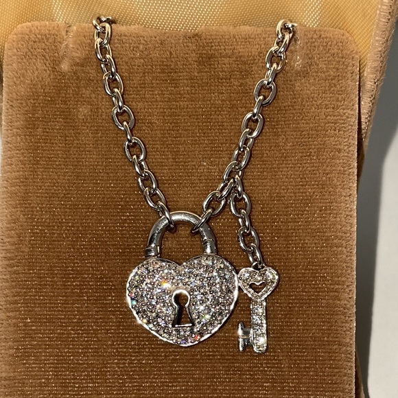 Solid Stamped 925 Sterling Silver Rolo Link Chain CZ Diamond Heart Padlock & Key - Picture 11 of 14